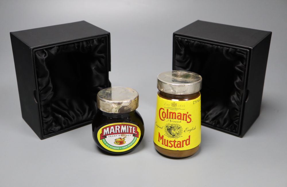 Two modern Theo Fennell silver lidded glass condiment jars (Marmite & Colmans Mustard), London, 2007,
